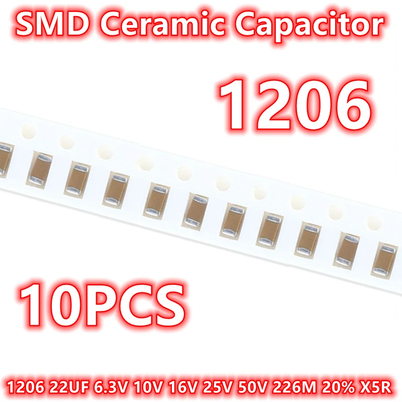 Capacitor cerâmico original de SMD, 1206, 22UF, 6.3V, 10V, 16V, 25V, 50V, 226M, 20%, X5R, 10 PCes