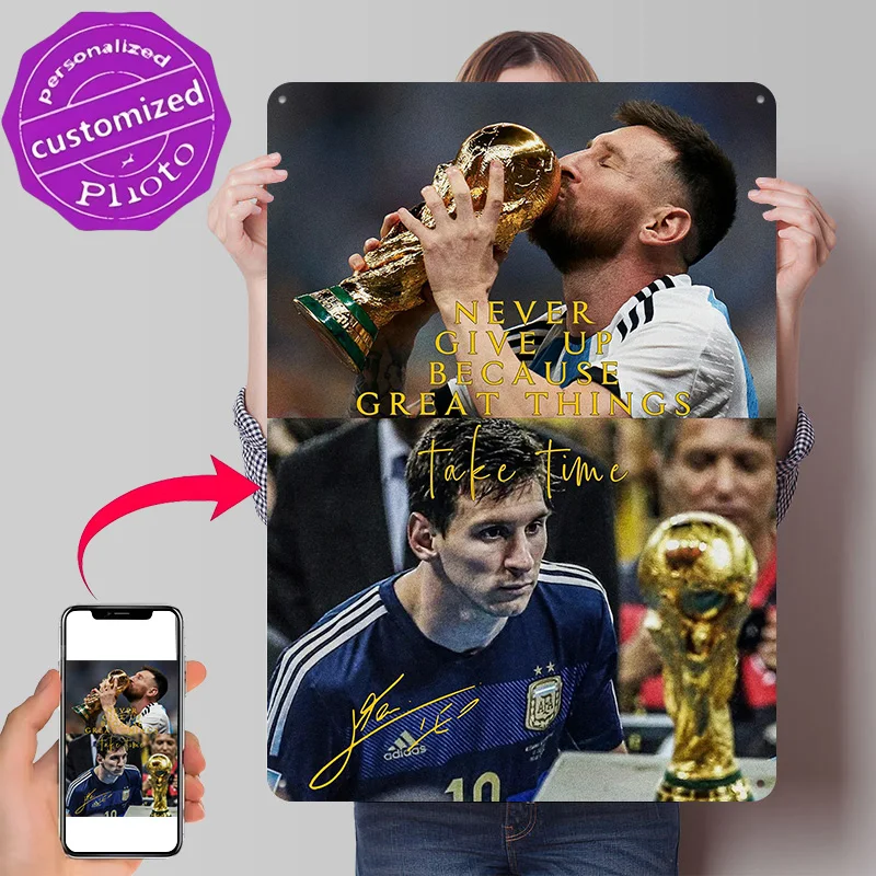Lionel Messi With Trophy Poster Retro 3D Printed Metal Signs Customized Wall Hanging Gift for Home Decor Accessories Tin Sign