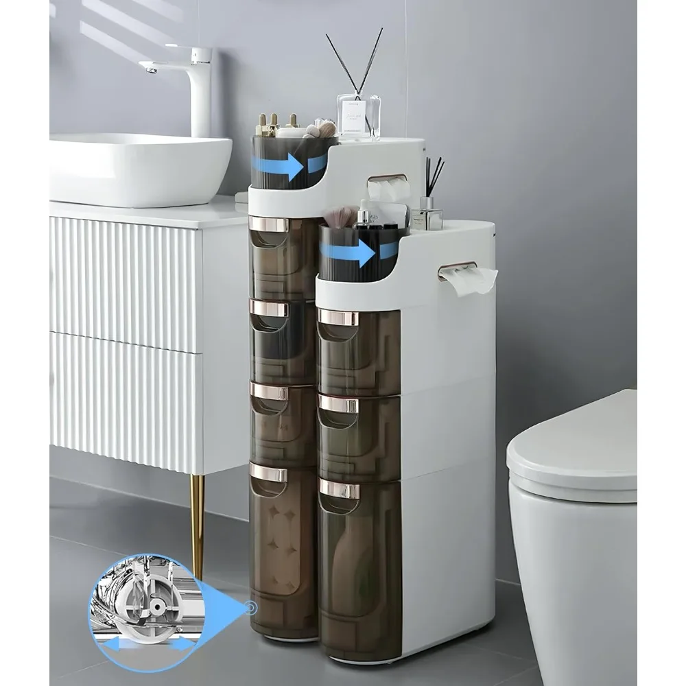 

4-Tiers Slim Bathroom Storage Cabinet, Waterproof Narrow Floor Cabinet with Tissue Box and Wheels, Skinny Storage Organizer with