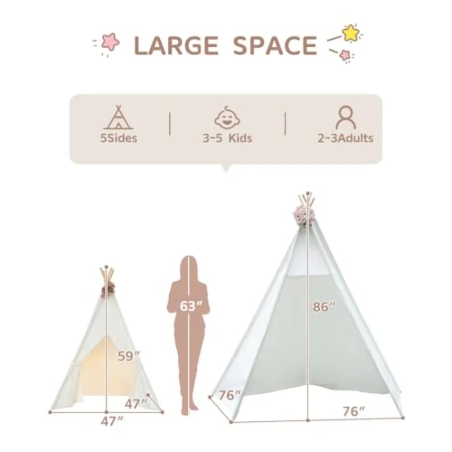 86 "H plus grand tipi jouer énorme pliable intérieur avec lumière étoilée grande toile extérieure pour adultes 5 côtés large avant ouvert avec