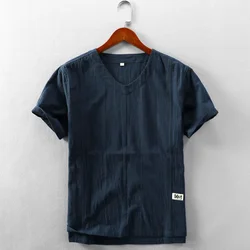 Summer Men Short Sleeve T-shirt  Sold Color Tops Japanese Styles Men's Simple Leisure Thin Pullover V-neck Cotton Linen T-shirt