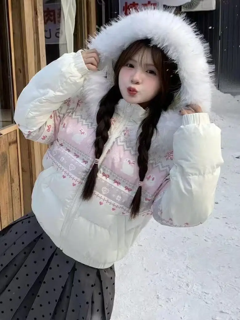 Vintage Snowflake Rabbit Print Fur Collar Hooded Cotton Jacket for Women 2025 Winter New Versatile Warm Puffer Coat