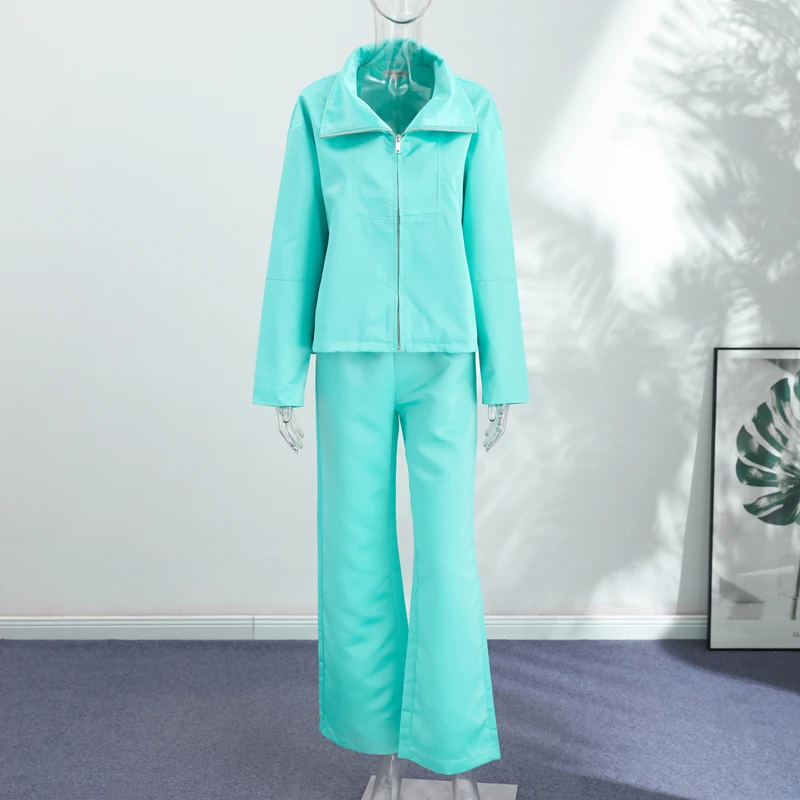 Glänzende Satin-Stehkragen-Mantel-Hosen-Sets für Damen, Streetwear, Langarm-Reißverschluss-Jacke, Weite Hosen, Schickes Damen-Outfit, Neu – Detail 4