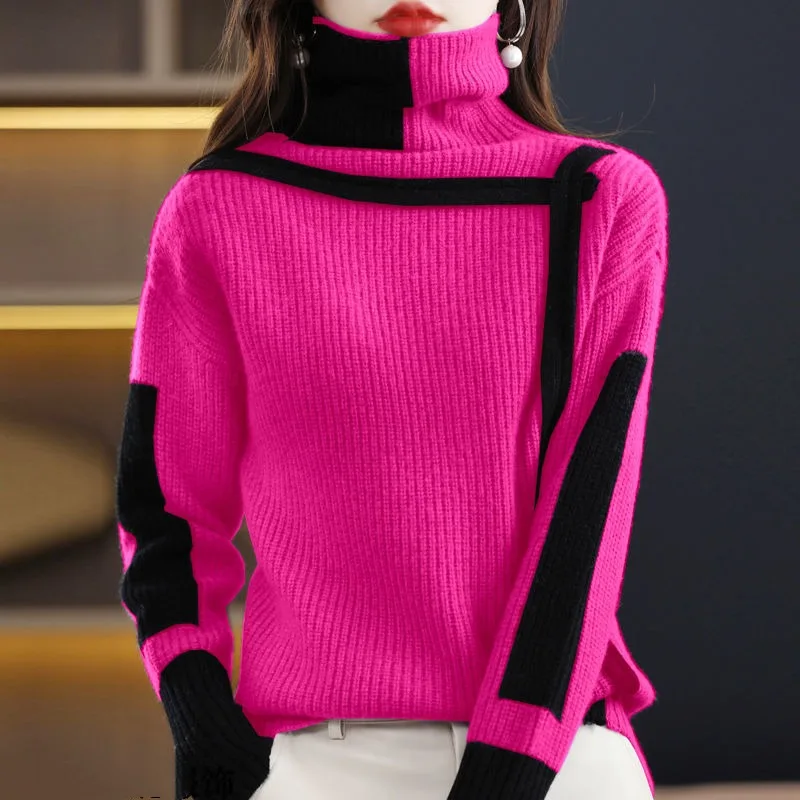 Women's Vintage Screw Thread Sweater High Neck Sweaters Autumn and Winter Loose Long Sleeve Patchwork Office Lady Knitted Tops
