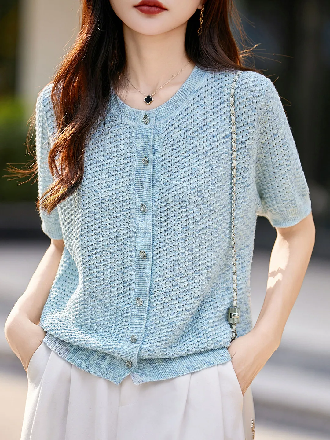

Cotton Linen Twist Hollow round Neck Short Sleeve Knitted Open Cardigan Women Summer Thin Versatile Outerwear Top Tee ...