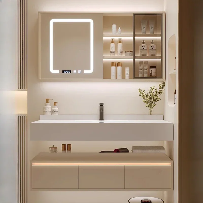 c13-Nordic Luxury Hotel Bathroom Cabinet Rock Slab Wall Mounted Seamless Ceramic Integrated Basin Mirror Cabinet Home FurnitureC