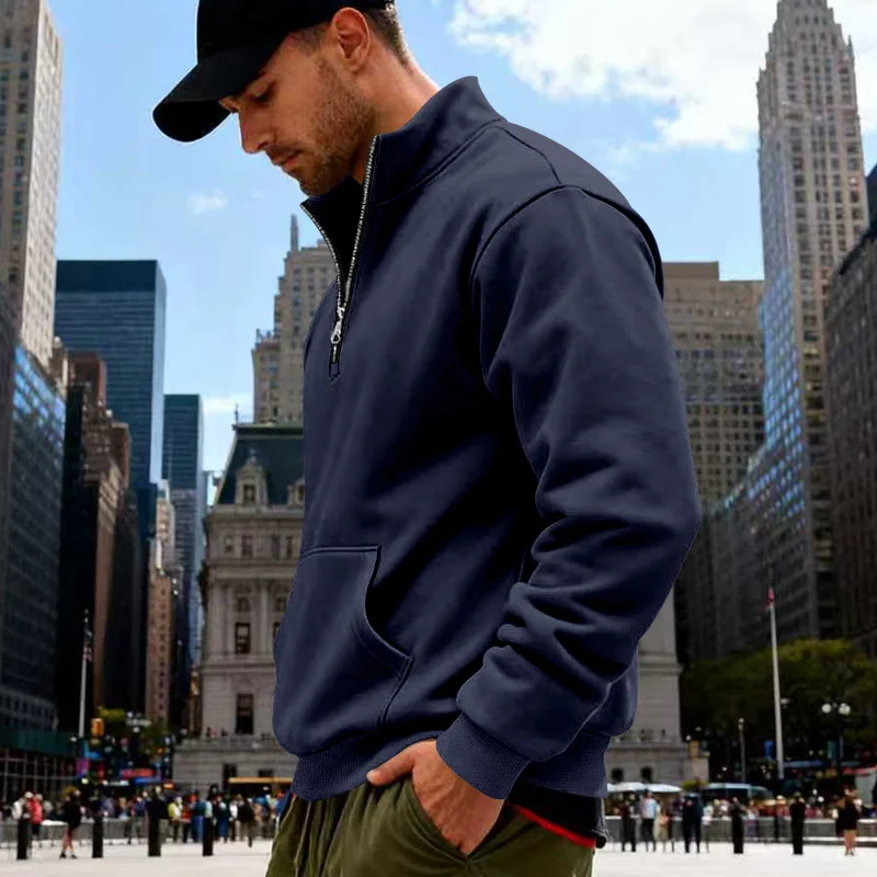 Grenzübergreifender Herbst- und Winter-Samt-Pullover für Herren, locker geschnitten, im Retro-Stil, lässig, mit Stehkragen, halbem Reißverschluss und Taschen für Pendler. – Detail 10