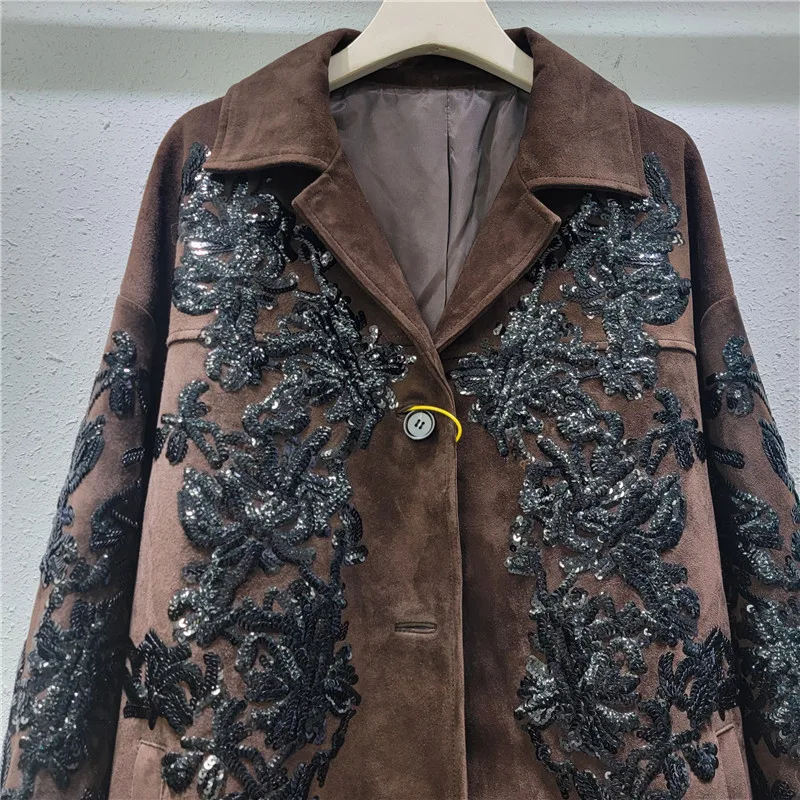 Chic Women Brown Flowers Sequin Embroidery Suede Blazers Jacket Turn Down Collar Suit Velvet Fur Suits Jacket Cardigan Tops 2025