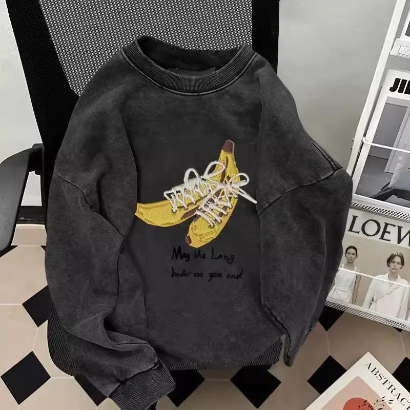 

Large Size 300 Pou American Waed Pure Cotton Hoodie ex Autumn Winter Belted Banana Pattern Printed Top Youth Faion