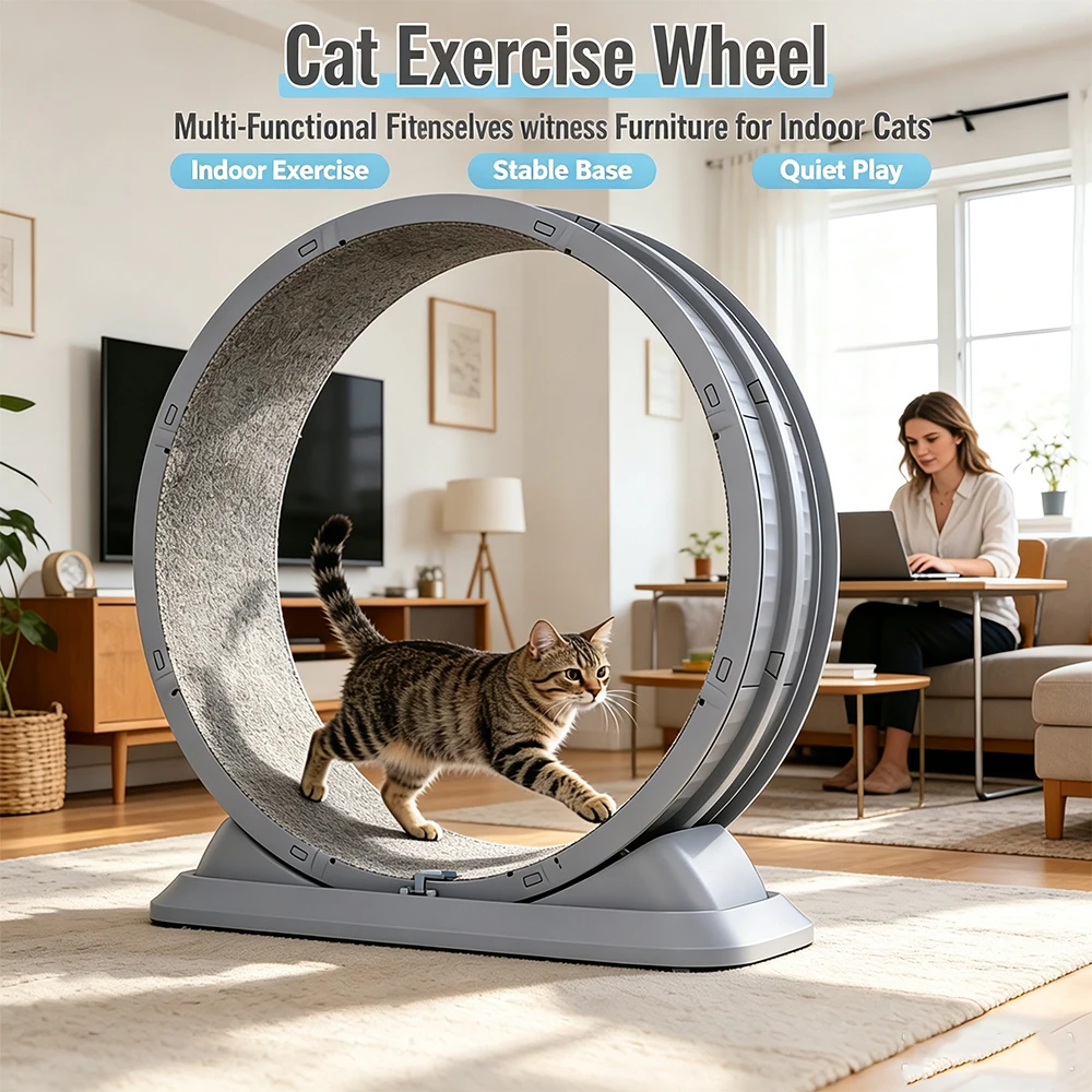 Ruota da esercizio multifunzionale per gatti, silenziosa, per uso interno, ideale per il fitness domestico dei gatti, con tappetino da corsa rimovibile e rinforzato.
