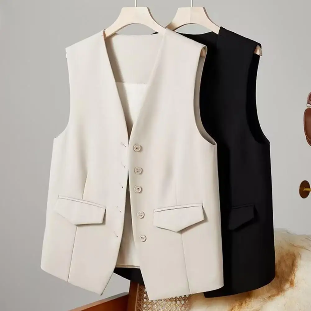 Vintage V Neck Waistcoat Sleeveless Formal Suit Jacket Women Fashion Front Buttons Cropped Waistcoat Female Outerwear Chic Vest