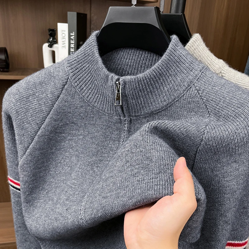 New Men's Mock Neck Full Zipper Knitted Cardigan Sweater Thickened Warm Autumn Winter Long Sleeved Top Casual Daily Men's Wear