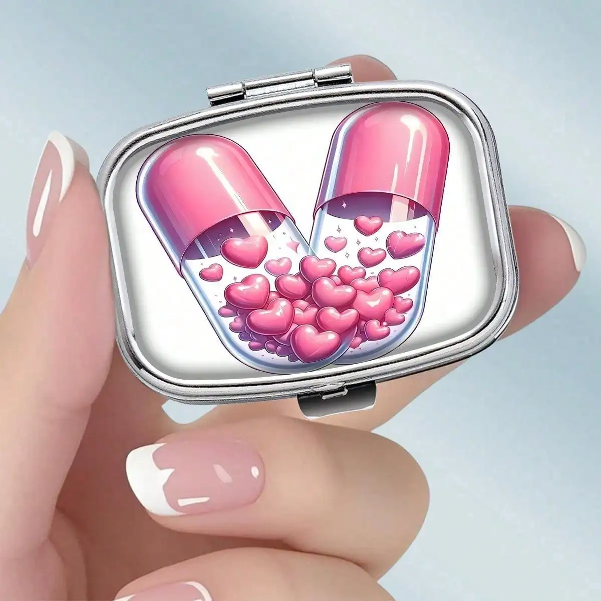 1pc 2d Portable Square Metal Pill Box With Heart Capsule Pattern And 2-Compartment Design, Perfect For Storing Your Medications Or Supplements With Elegance. It Is Perfect For Sorting Vitamins, Small Objects Storage.
