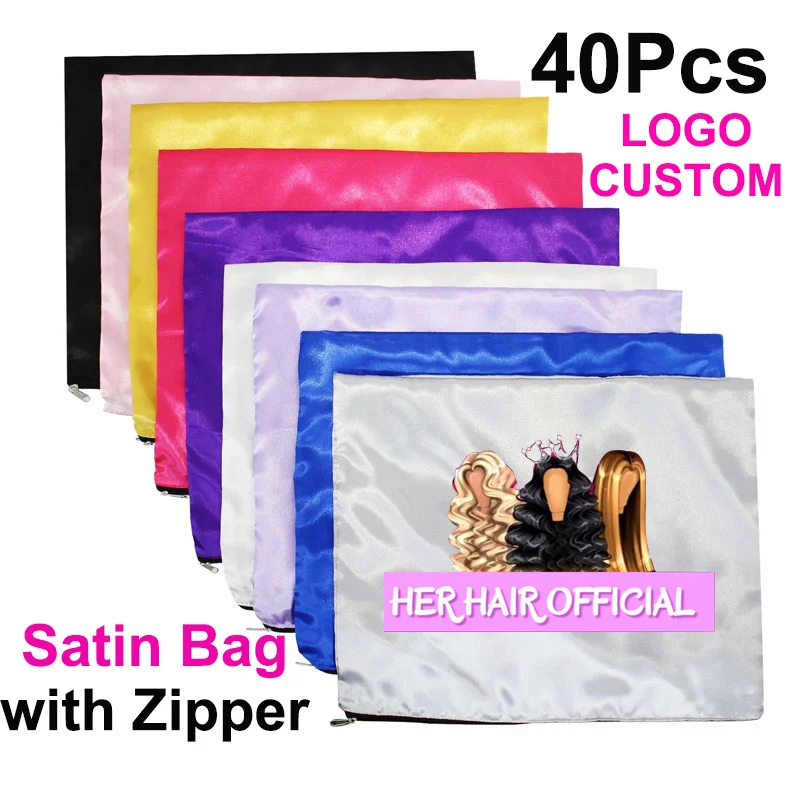 Logo Printed Hair Packaging Bag 40Pcs Hair Bundles Bag Silk Satin Bags Wig Storage Bag With Zipper