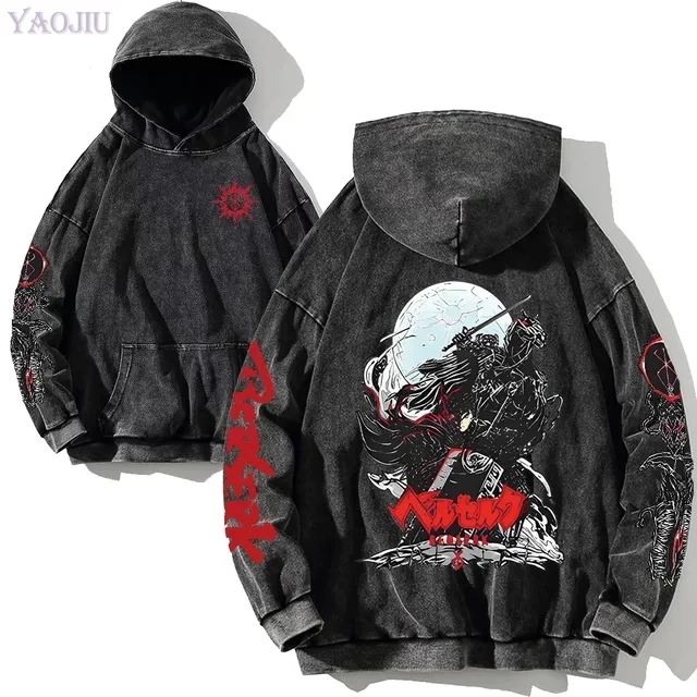 Berserk Manga Men's Hoodies Long Sleeves Washed Cotton Sweatshirts Vintage Gothic Anime Oversized Comfortable Soft Streetwear