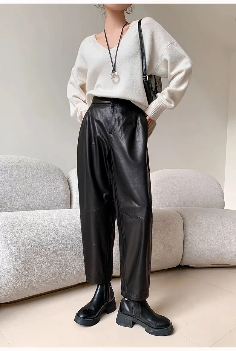 Oil Wax Fashion Harem pants Women's Sheepskin Leather Autumn Brown loose Ankle-length Pants Ladies  Sheepskin Leather