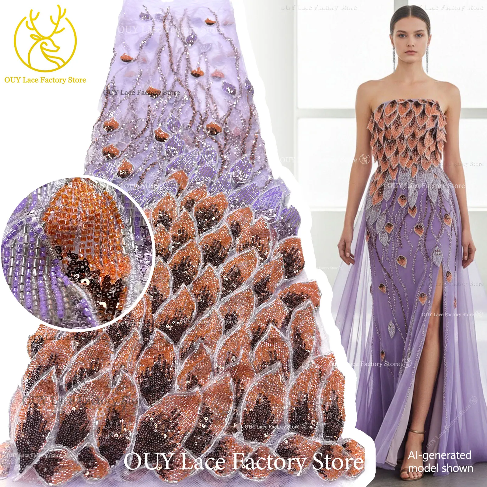 High-End Custom 3D Handmade Embroidery Beaded Leaf Lace Fabric High Quality Nigerian Beaded Sequins Lace Sewing Bridal Dress