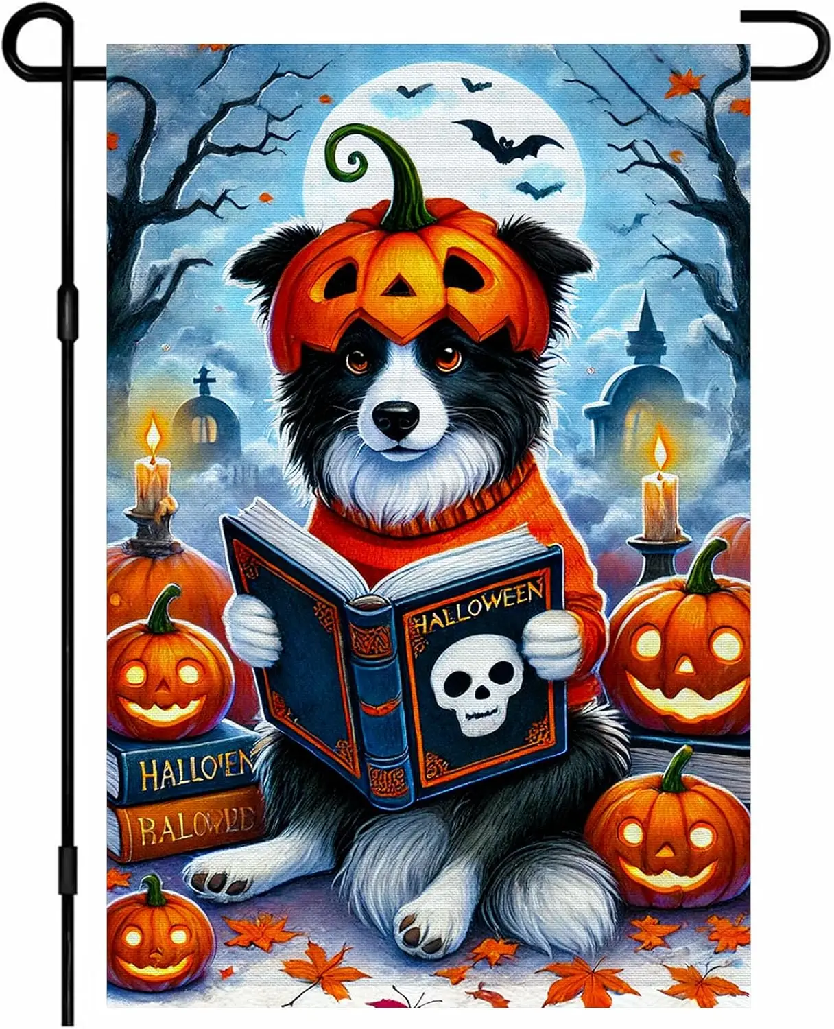 BlissYard Happy Halloween Garden Flag Dog Pumpkin Hat Reading Book Bats Moon Spooky Festive Outdoor Flag Yard Decor 12x18 In jjp