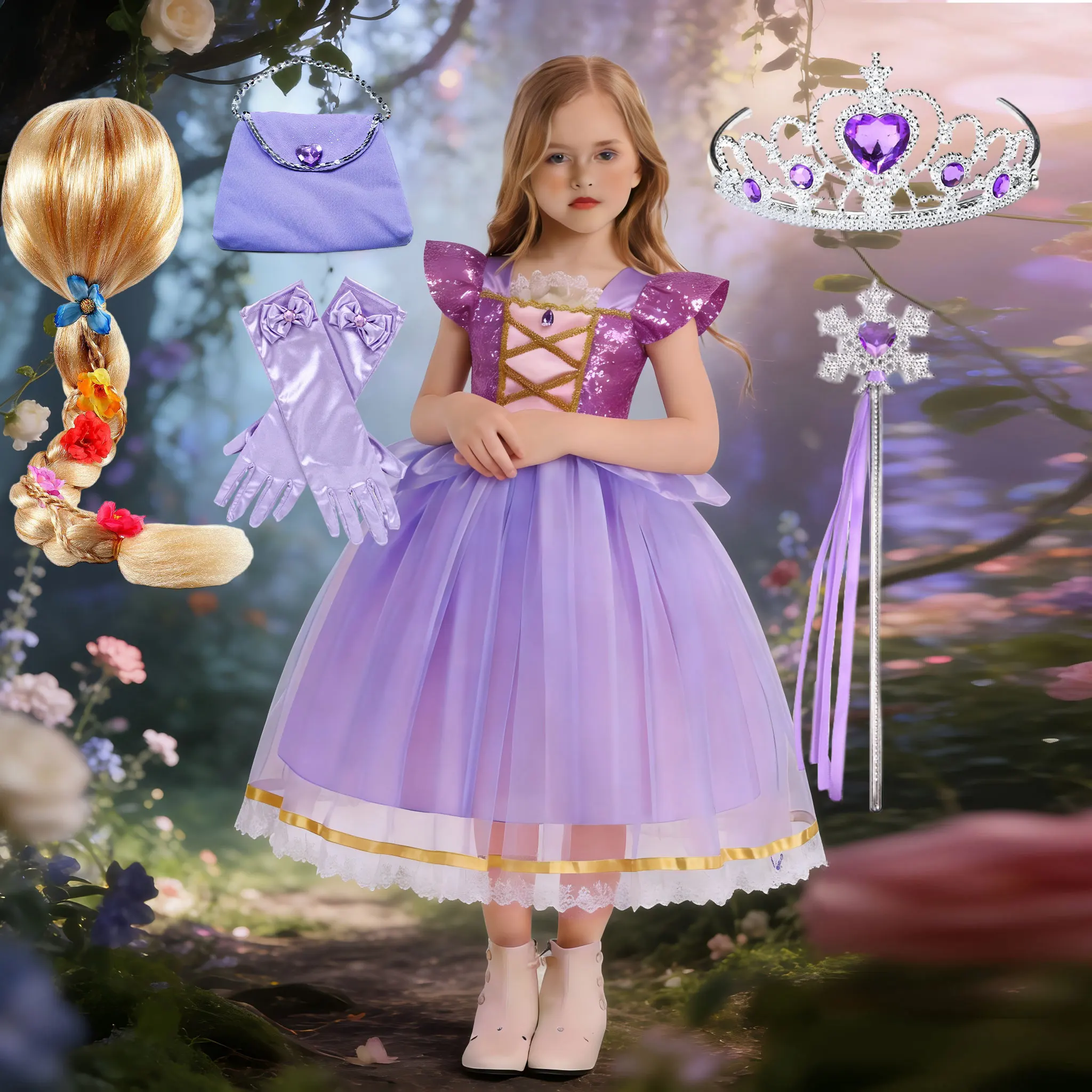 Flying Sleeves Girls Purple Sequined Princess Dress Large Back Bow Rapunzel Outfit Kid Role Play Costume Festival Parade Apparel