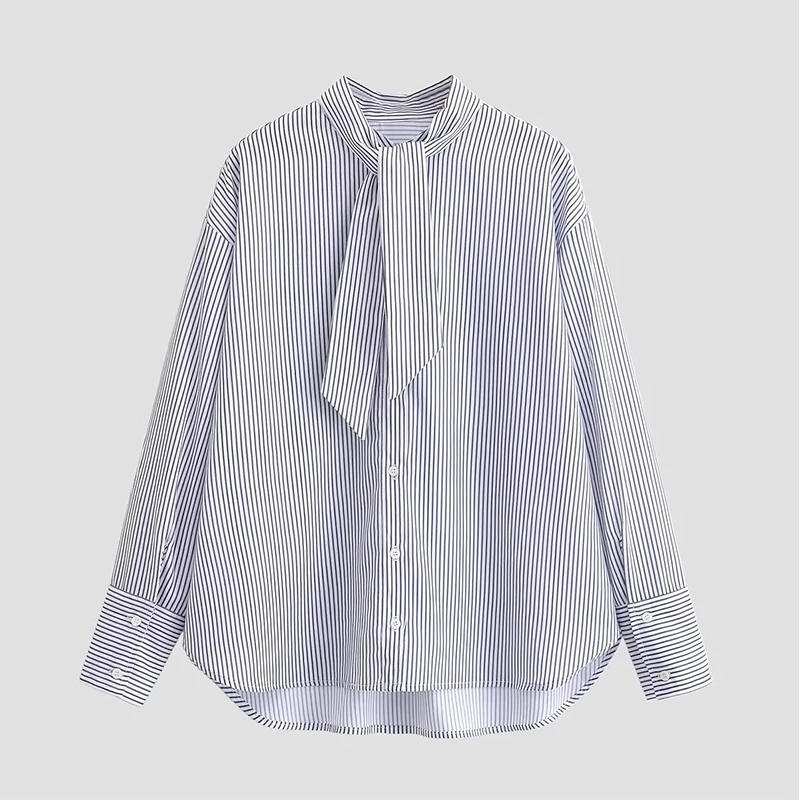 

Модная рубашка с воротником-шарфом в полоску для женщин, новинка 2026 года, с длинным рукавом, свободного кроя, весенняя, в стиле стритвир