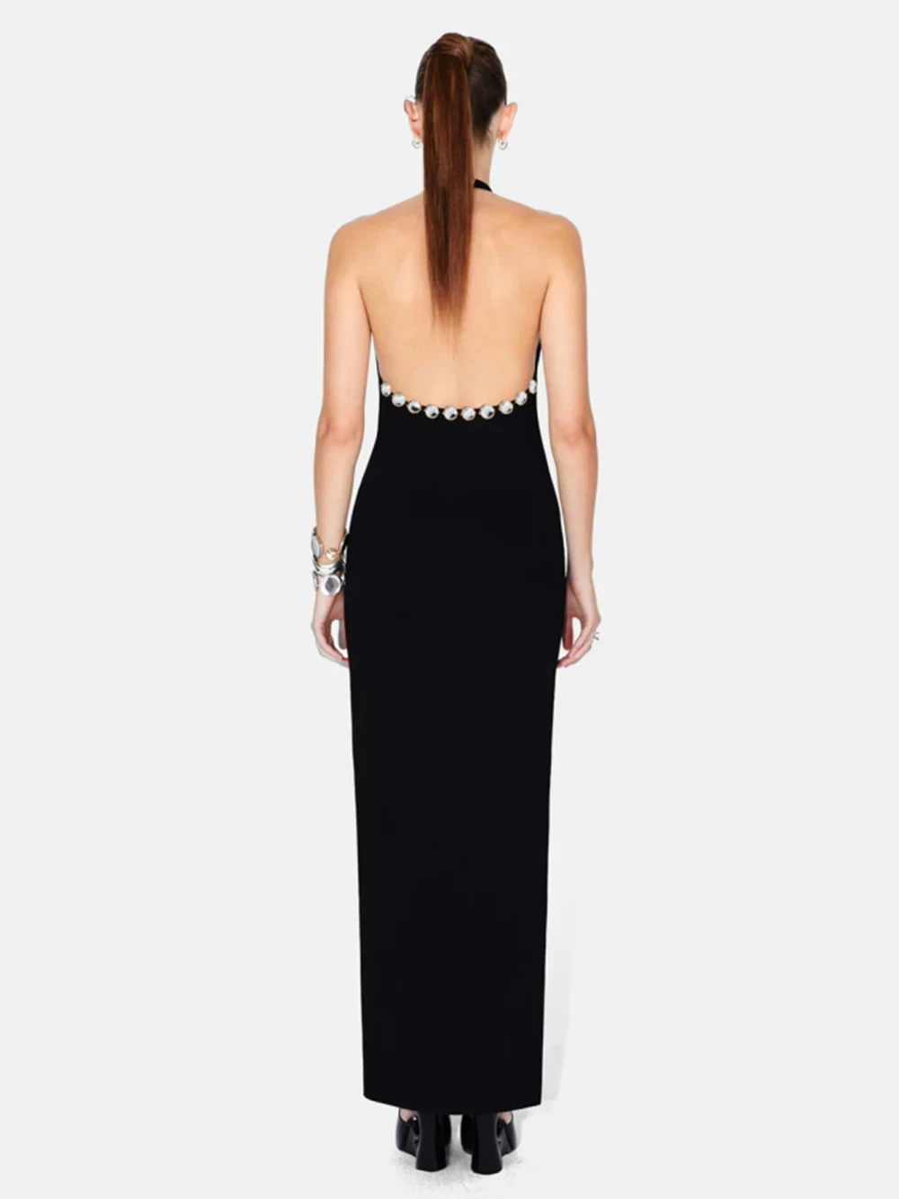 Women Celebrity Sexy Backless Halter Black Beading Maxi Long Bodycon Bandage Dress 2023 Elegant Evening Club Party Dress