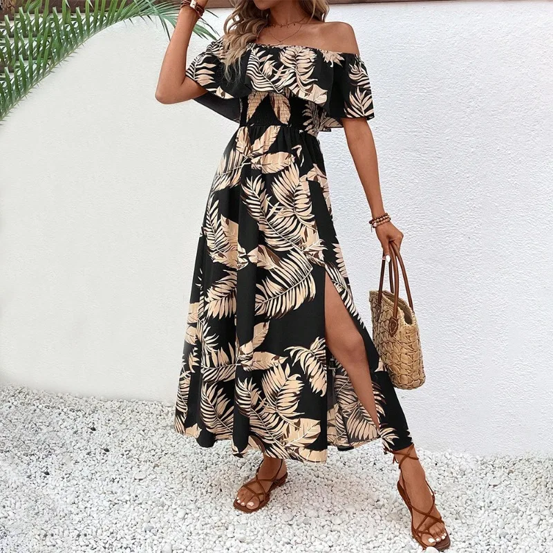 

Women's Sexy Printed Off Shoulder Short Sleeve A-line Dress for Summer 2024 Temperament Commuting Female Black Elegant Dresses