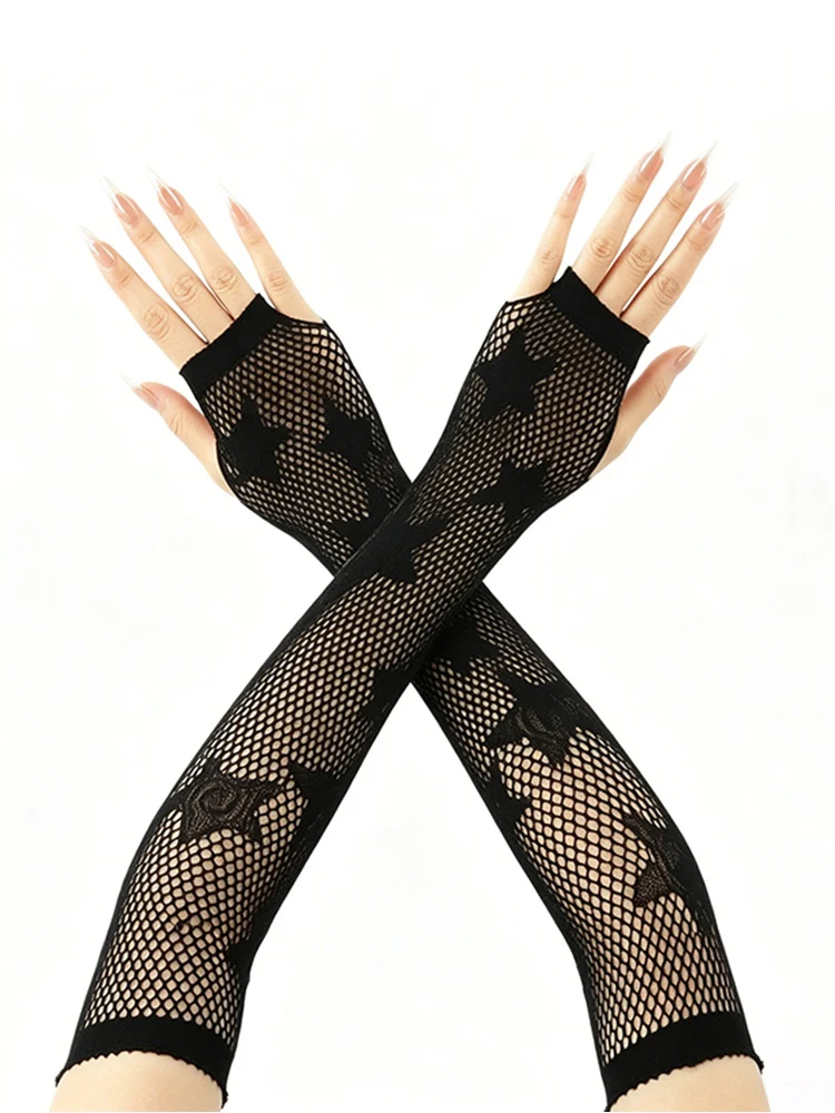 Star Fishnet Handschuhe Dunkle Zerrissene Netzärmel Punk Goth Mesh Lange Armstulpen Halbfinger-Accessoires – Detail 7