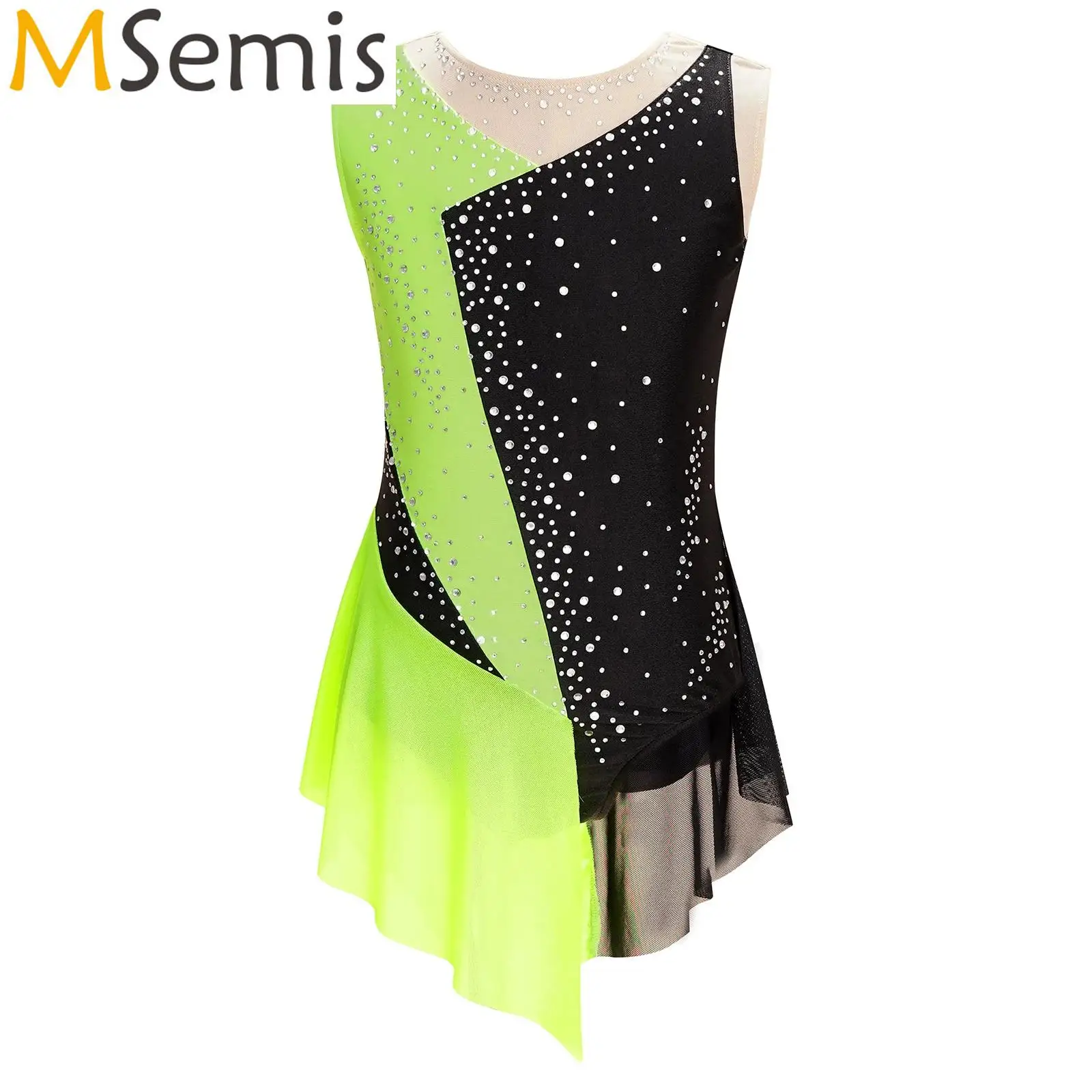 Kids Girls Sparkly Rhinestone Gymnastics Artistic Figure Skating Ballet Tutu Lyrical Dance Leotard Costume Sheer Mesh Bodysuit