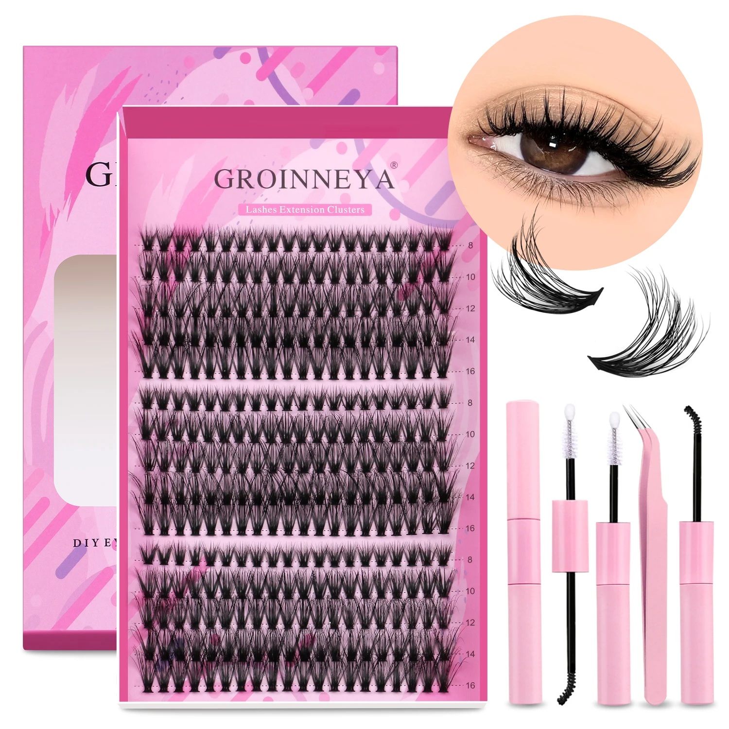 GROINNEYA DIY Lash Extension Kit Individual Lashes Cluster Mix Eyelashes Full Set Lashes Kit with Lash Bond and Seal At Home