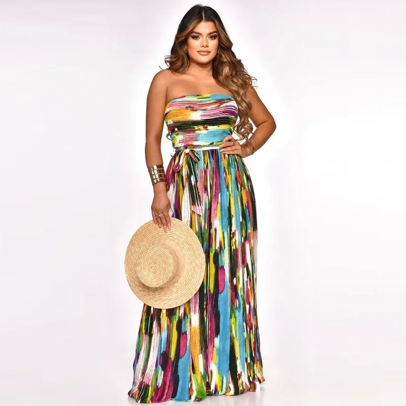 

GUWU Tie Dye Strapless Backless High Waist Straight Wide Leg Jumpsuit 2024 Women Oversized One Piece Overalls