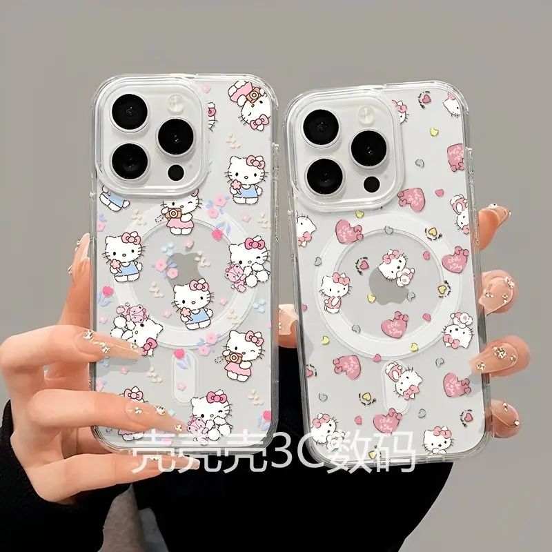카툰 키티 화이트 자석 전화 케이스 아이폰 17 16 15 14 13 12 11 8 7 에어 플러스 프로 맥스 X XR XSMax 소프트 클리어 TPU 커버