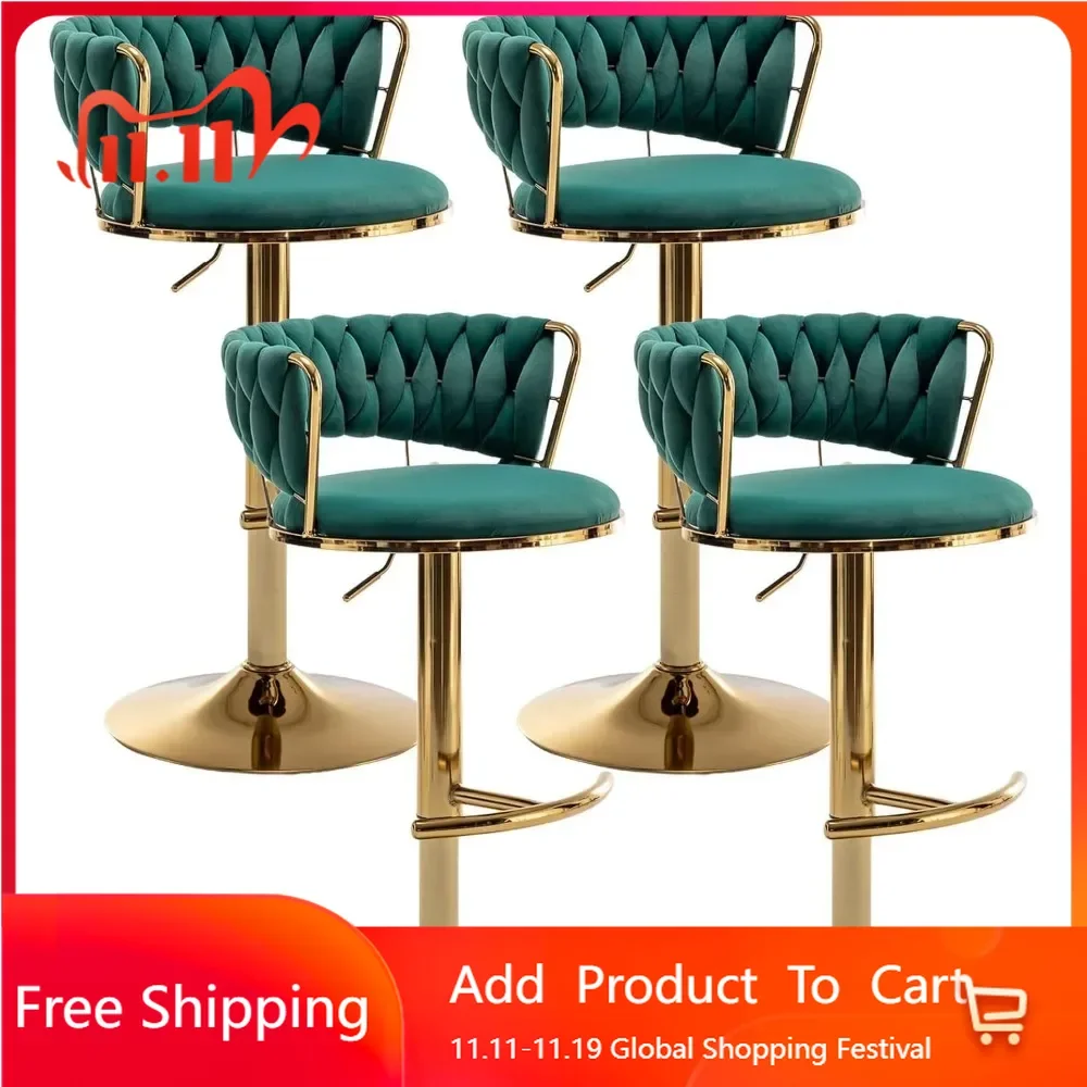 

Barstool Set of 4, Counter Height Bar Stools with Low Back, Velvet Adjustable Height Barstools, 360° Swivel Bar Stool