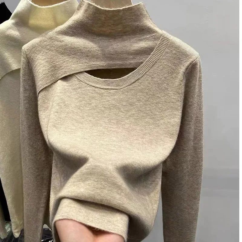 Odzież damska Hollow Out Chic Półwysoki kołnierz Pullovers Jesień/Zima Dzianinowe topy Slim Fit Lady Sexy Fashion Solid Swetry