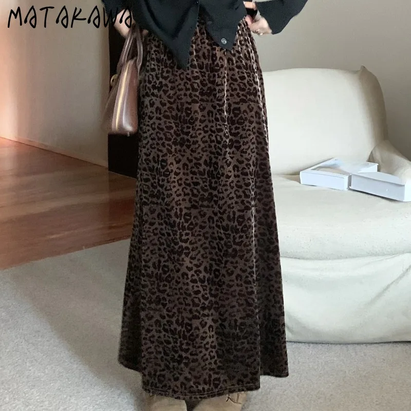 

Matakawa Velvet Long Skirts Leopard Autumn Winter Vintage A-line Faldas Mujer Korean Fashion Elegant Chic Basics Women Skirt