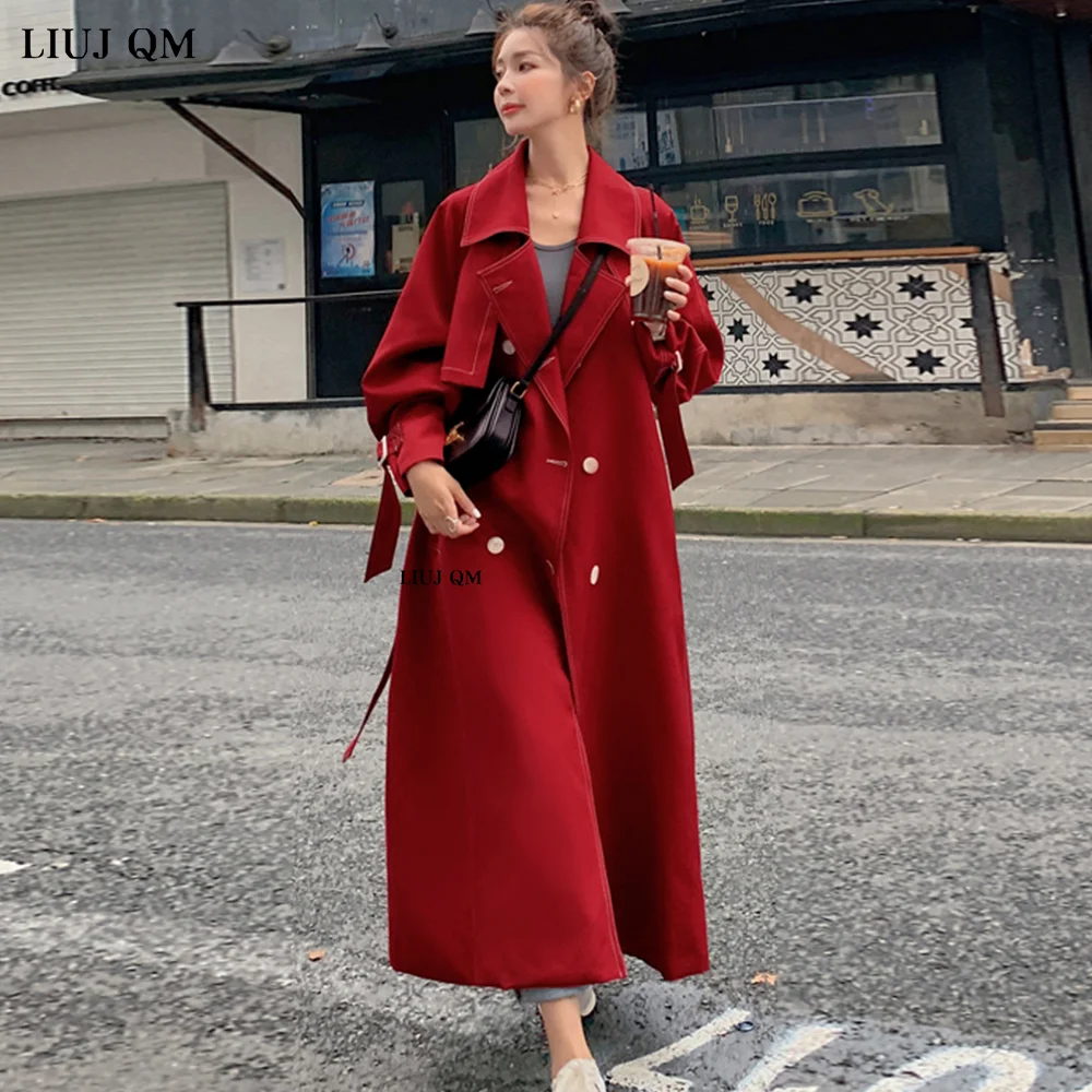 Spring Autumn Double Breasted Trench Coat Women\'s Temperament  Red Windbreaker Overcoat Woman Long Over Knee England Style 2023