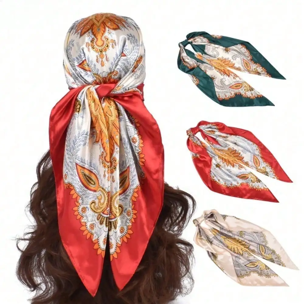 

1Pcs women's autumn and winter new fashionable and elegant flower printing 90cm * 90cm satin large square scarf women, multi-purpose as headscarf, belt, bag accessories, fashion accessories headscarf,, headband is very suitable for dressing up your style