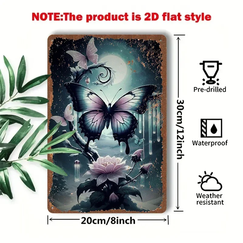 2D Flat - A 1pc 2D [Flat] Metal Sign Measuring 8X12 Inches / 20X30 Cm Features a Dreamy Butterfly Dancing Under The Moonlight, S