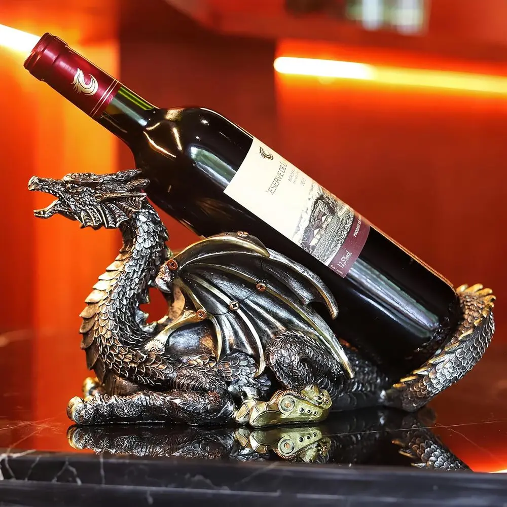

Gothic Steampunk Dragon Wine Rack, Metallic Fantasy Decorative Tabletop Statue for Home, Unique Gift for Men