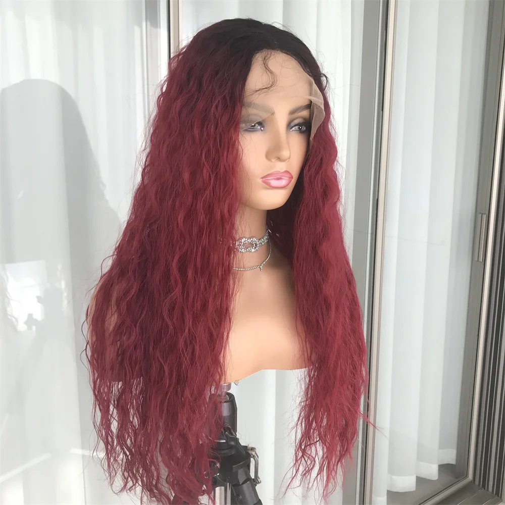 Deep Curly Lace Front Wig Synthetic Lace Hair Wigs with Baby Hair for Women Pre Plucked 1B 99J Burgundy Colored Fiber Hair