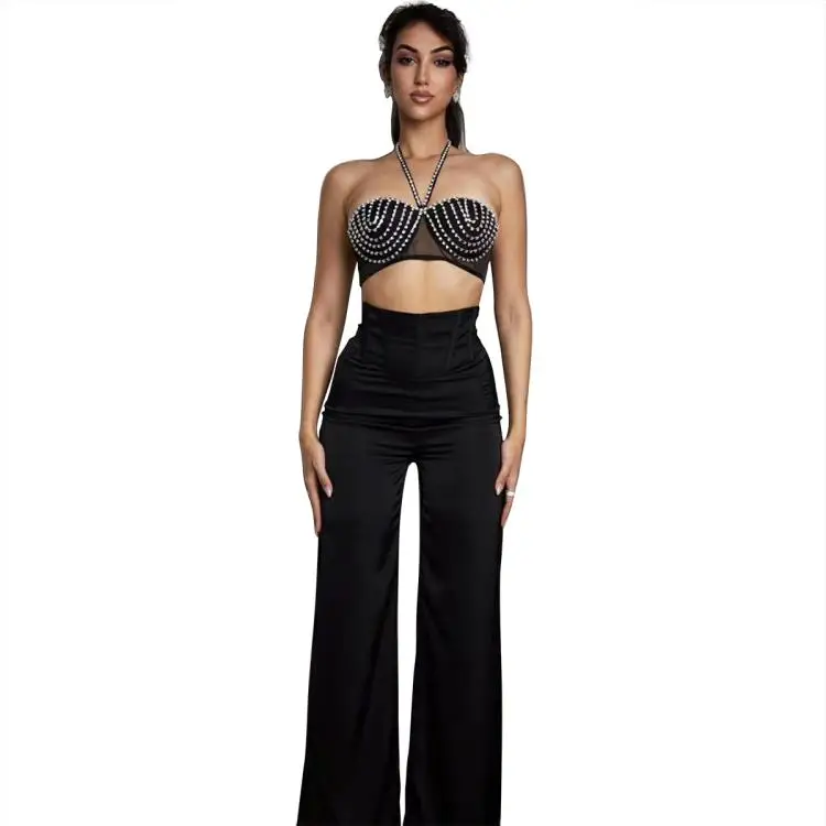 

Сексуальный укороченный топ с бриллиантами на талии и облегающие брюки с высокой талией и прямыми штанинами, комплект из двух предметов
