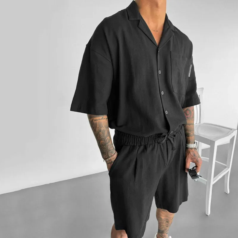 Hip Hop Casual Button Lapel Shirt Top & Shorts Men Outfit Spring Solid Color Two Piece Set Man Summer Short-sleeved T Shirt Suit