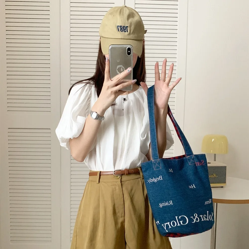 

Large Capacity Denim Cloth Denim Blue Bucket Bag Storage Soft Shoulder Bag Letter Printing Bag