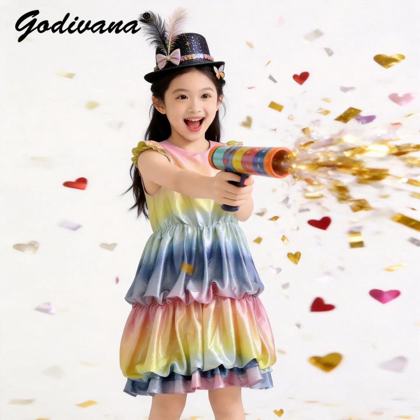 

Cute and Sweet Baby Girls Rainbow Gradient Metallic Shimmer Dress 2026 Spring and Summer Ruffle Trim Feifei Sleeve Layered Dress