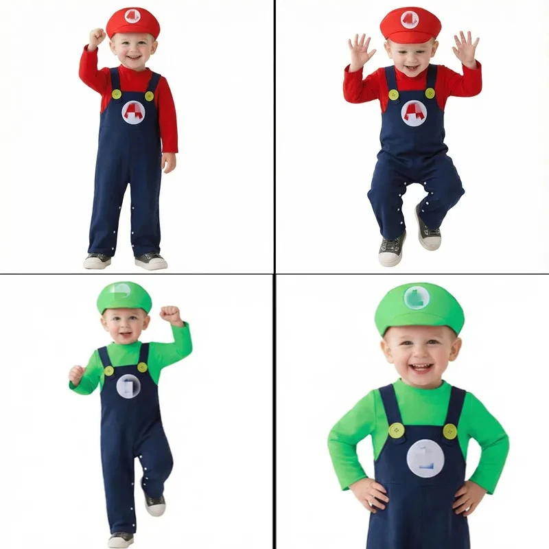 

0-3Y Red Green Plumber Costume Anime Game Character Bodysuit Holiday Theme Cospaly Button Game Bodysuit Fall/Winter Pure Cotton