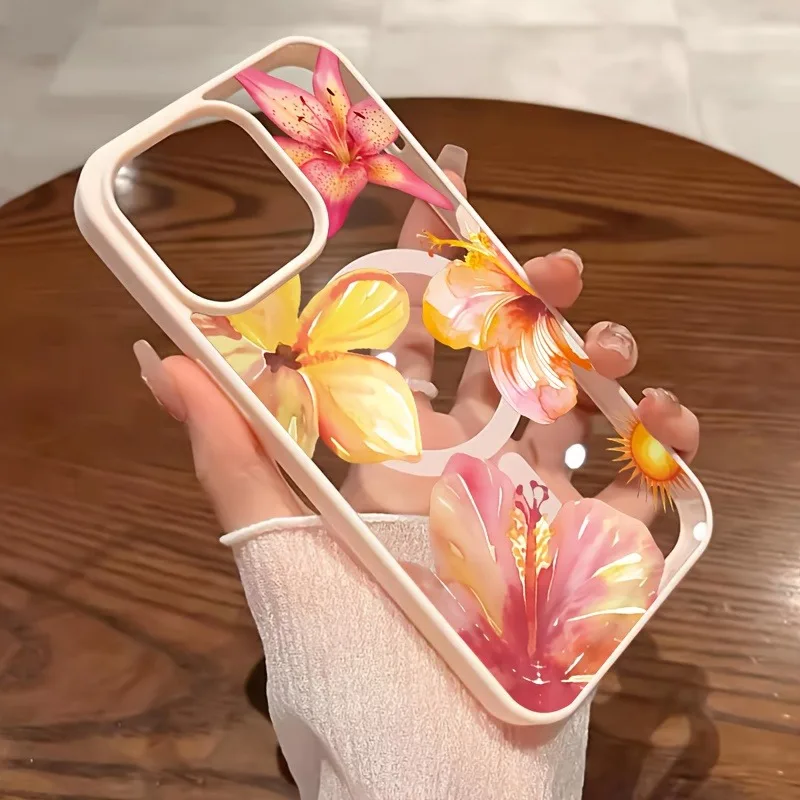 Żółto-różowe etui na telefon z kwiatowym wzorem, kompatybilne z bezprzewodowym ładowaniem MagSafe, do iPhone 17 16 15 14 13 12 11 Pro Max Plus Air, magnetyczna obudowa.