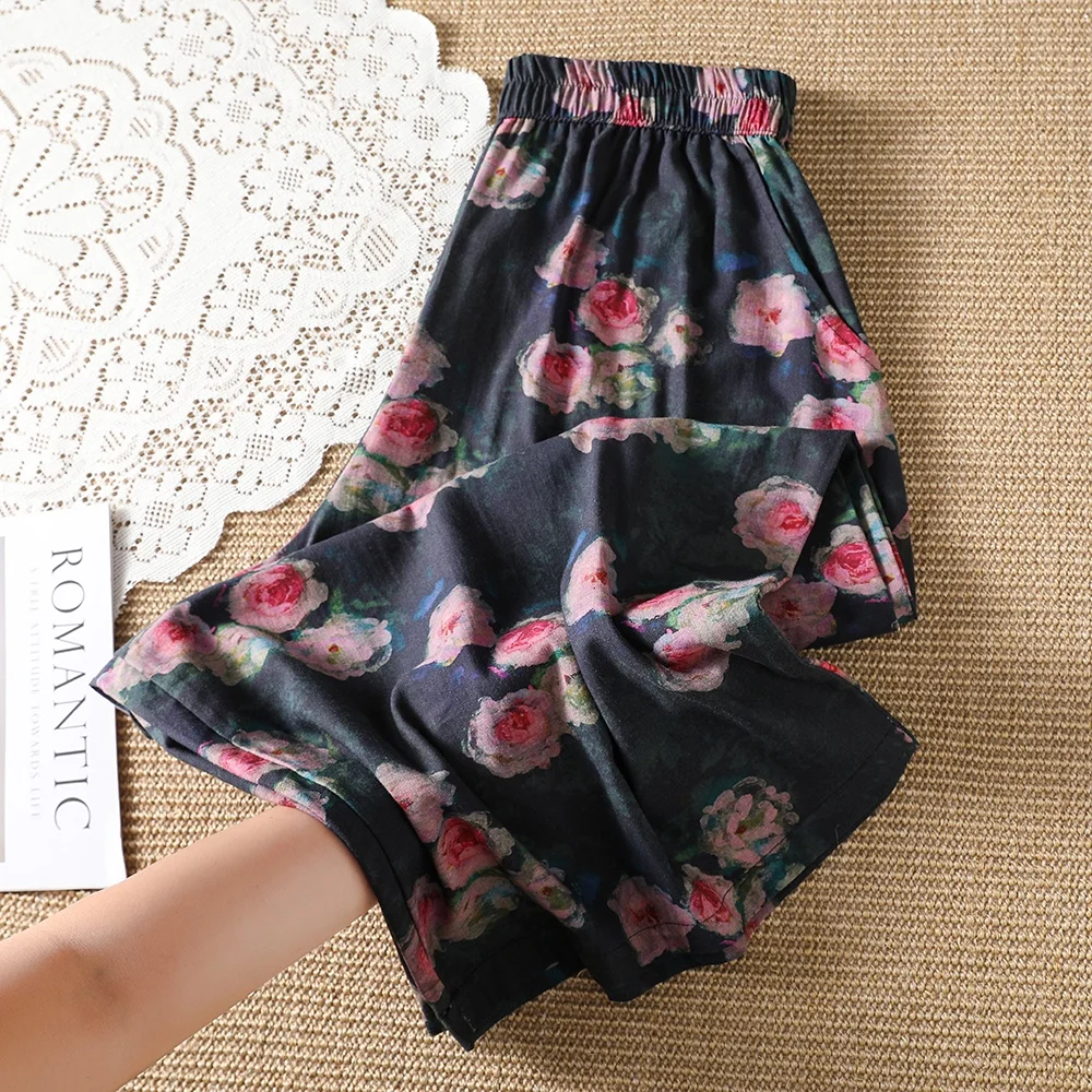 Casual Cotton Linen Wide Leg Pants Women's Printed 8 Split Thin Cotton Linen Floral Pants High Waist Summer Casual Trousers