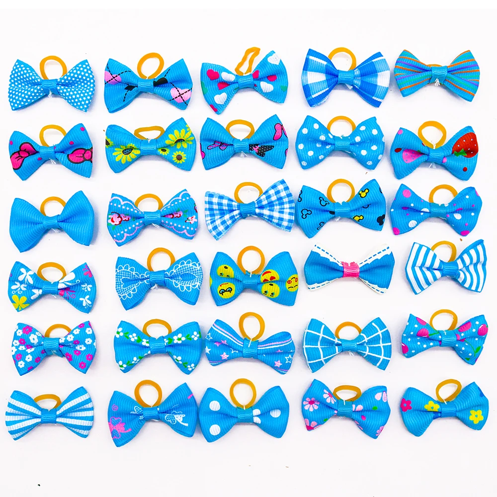 10/20/30PCS Blue Dog Hair Bows Cat Dog Hair Bows Grooming Cute Puppy Kitten Hair Bows With Rubber Bands for Small Dog Headwear