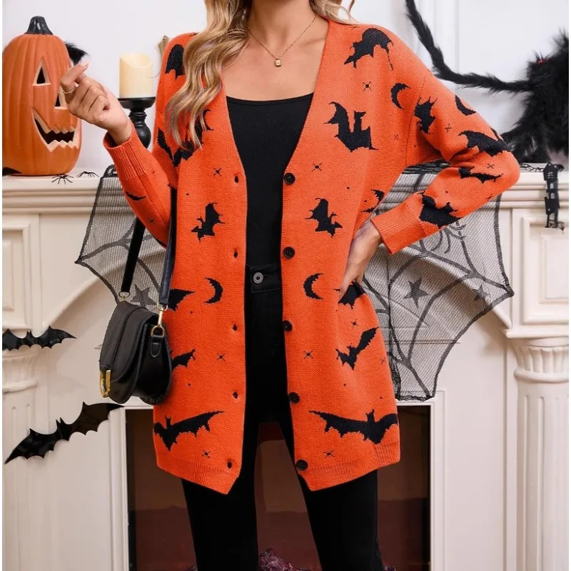 Autumn and Winter New Women's Sweater Halloween Bat Jacquard Long-sleeved Cape Cardigan Jacket
