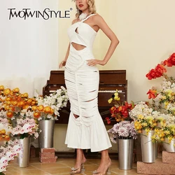 TWOTWINSTYLE Solid Slimming Dress For Women Strapless Sleeveless High Waist Patchwork Drawstring Sexy Hollow Out Dresses Female