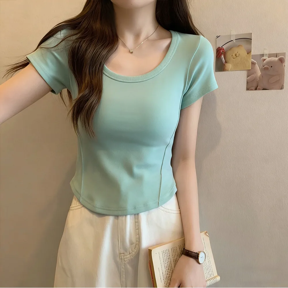 Summer round neck slim fit short white shoulder t-shirt women's short sleeved pure desire spicy girl exposed collarbone clothes